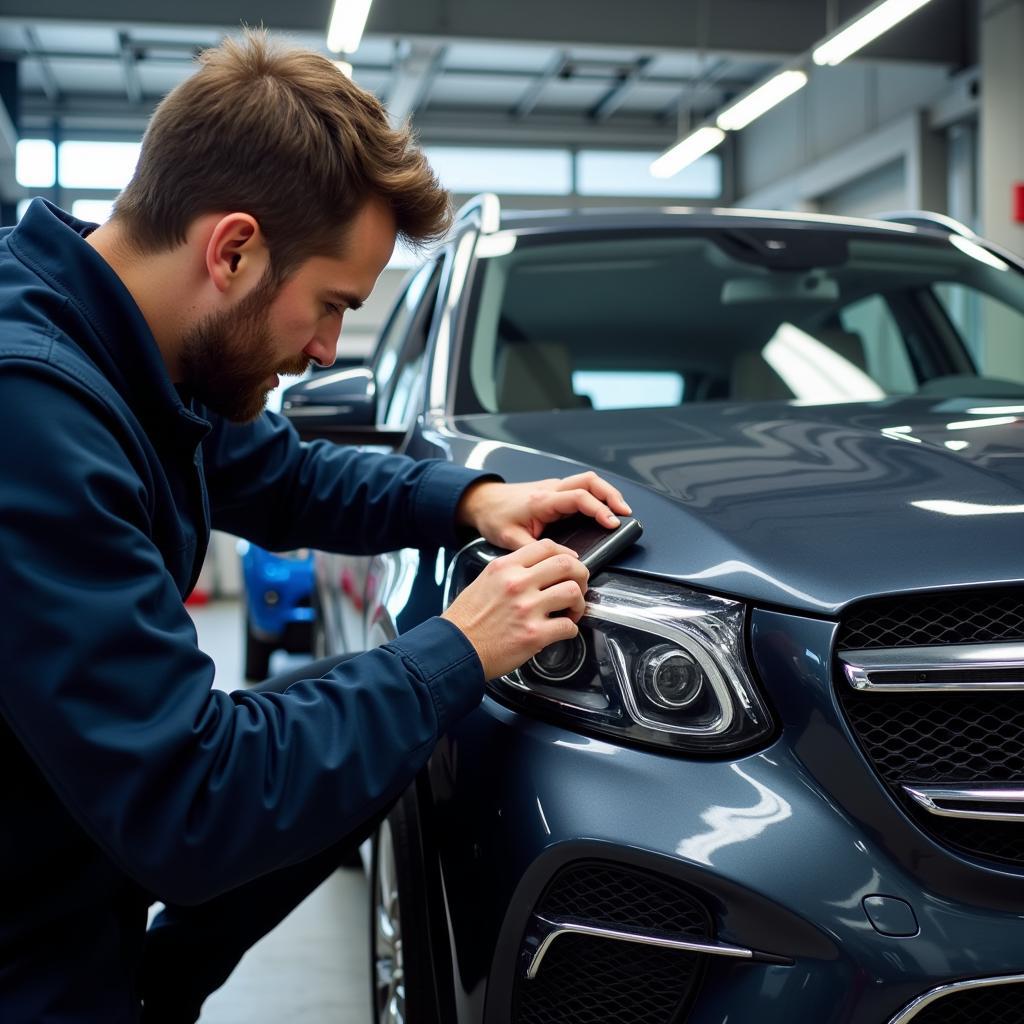 Kfz-Werkstatt Dettlingen Suche - Ein Mechaniker inspiziert ein Auto in einer Werkstatt in Dettlingen.