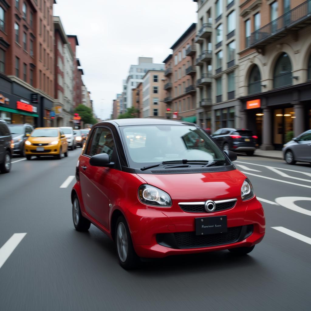 Kleines rotes Auto fährt durch eine belebte Stadtstraße.