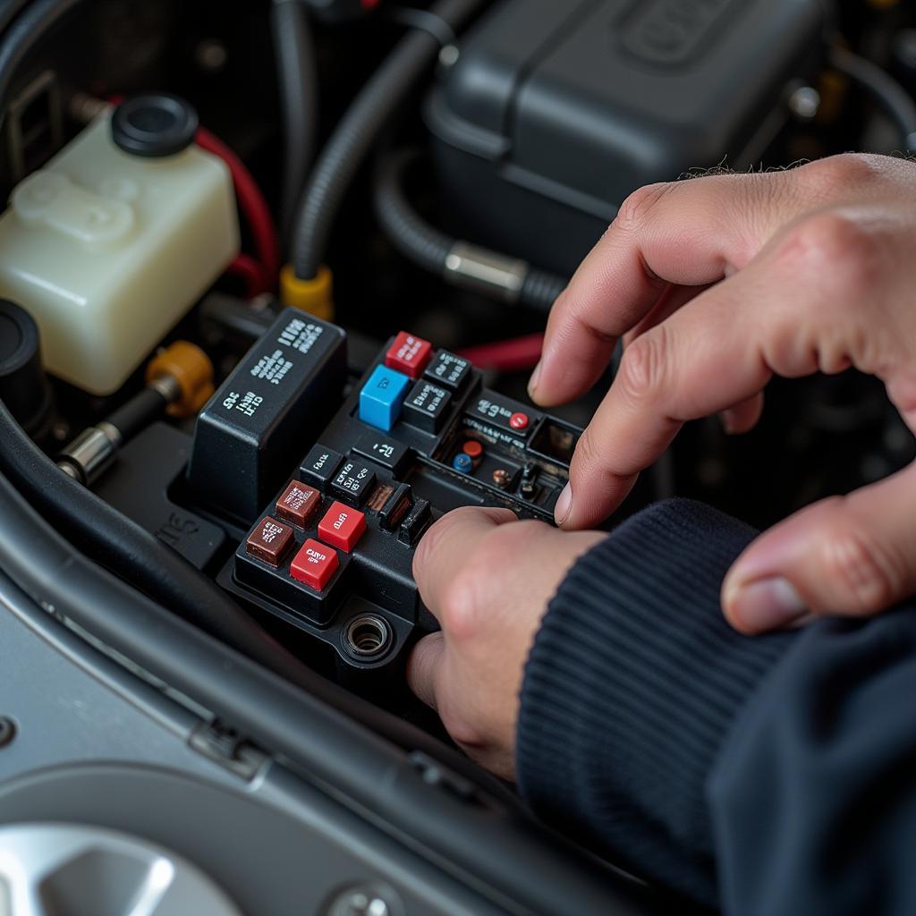 Klickendes Relais im Sicherungskasten: Ein Mechaniker überprüft ein Relais im Sicherungskasten, das klickende Geräusche von sich gibt.