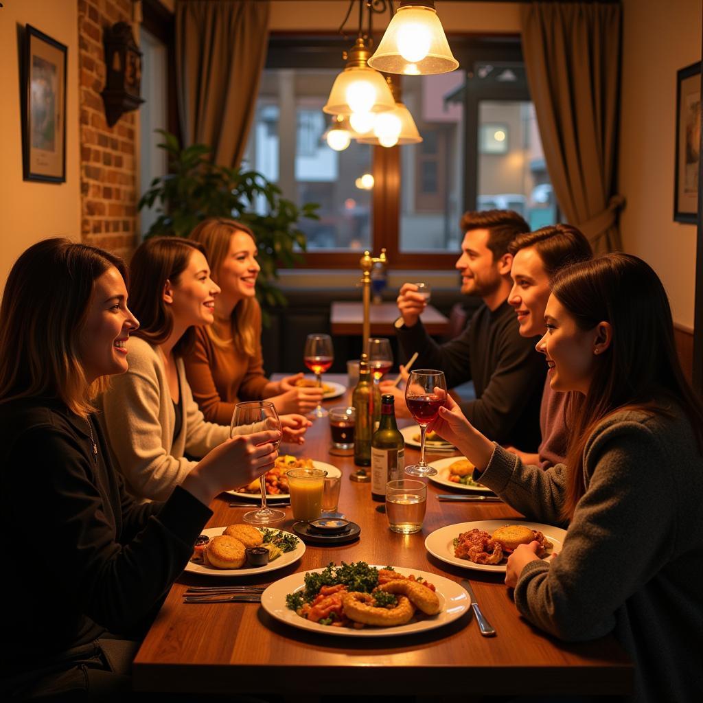 Freunde genießen ein Essen in einem Restaurant mit lauschiger Atmosphäre.