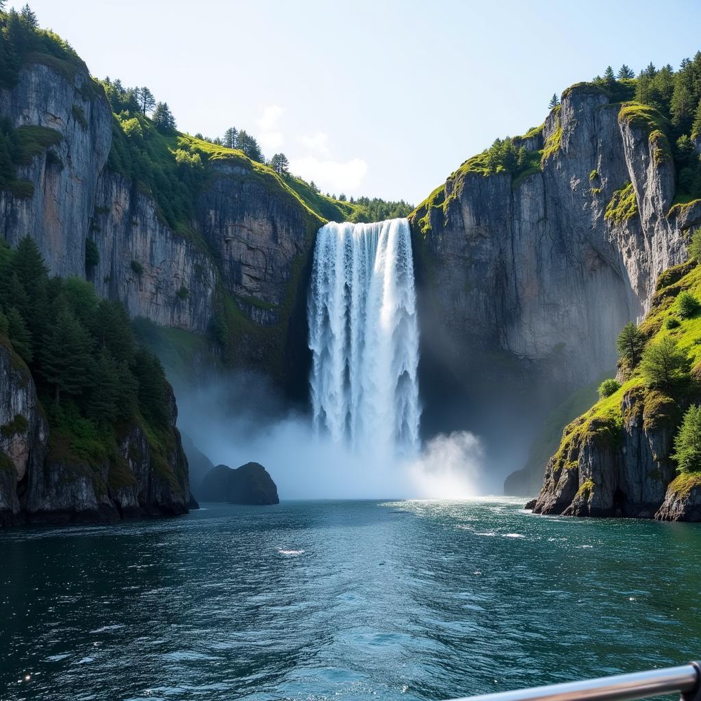 Wasserfall im Lysefjord von der Fähre aus gesehen