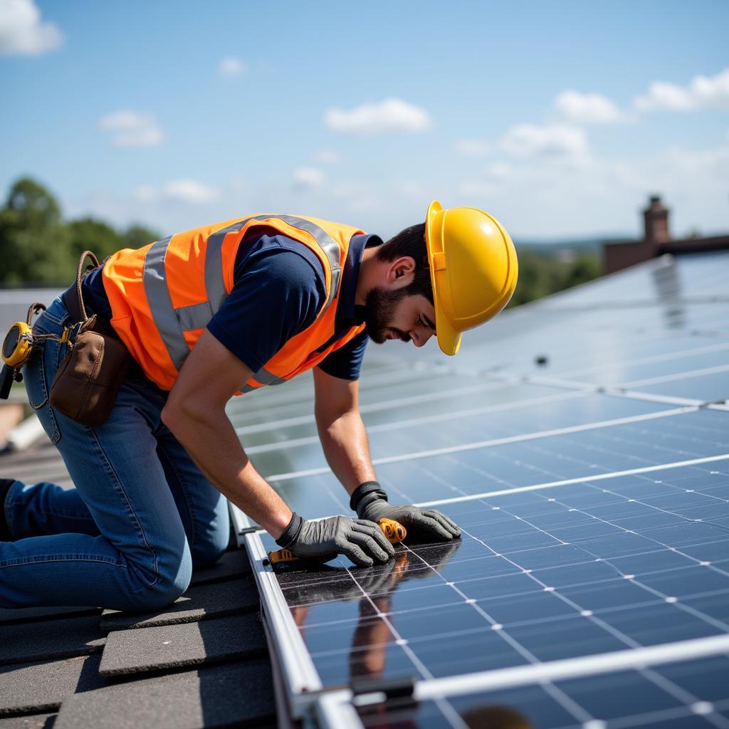 Mann installiert Solarpanel auf Dach