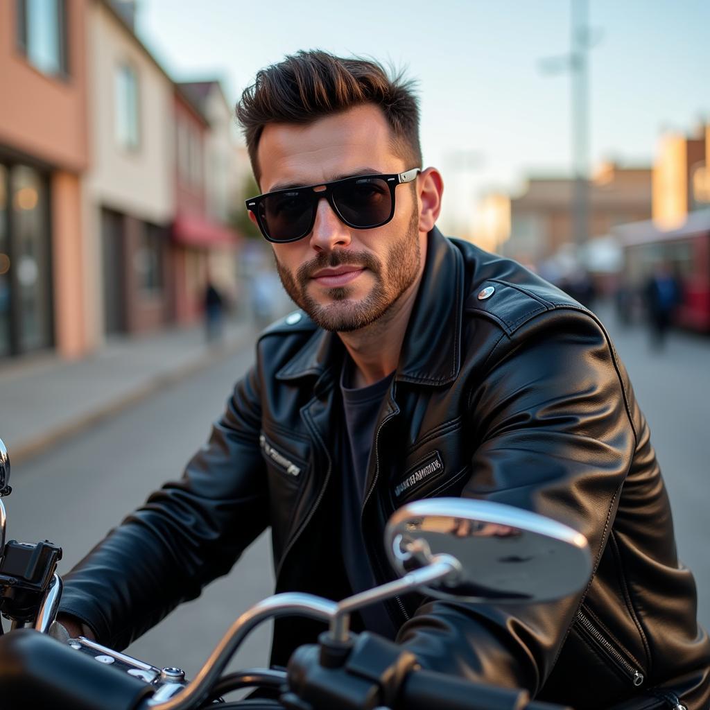 Mann mit Biker Sonnenbrille auf Harley