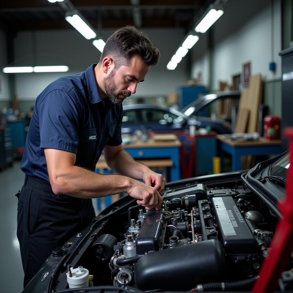 Mazda Werkstatt Mannheim: Ein Mechaniker arbeitet an einem Mazda Motor.