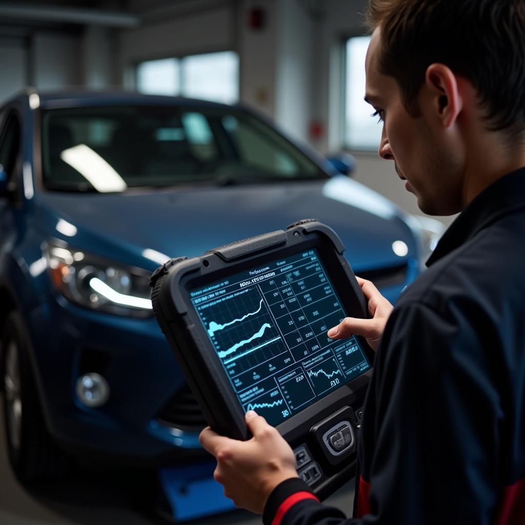 Mechaniker analysiert Daten am Diagnosegerät