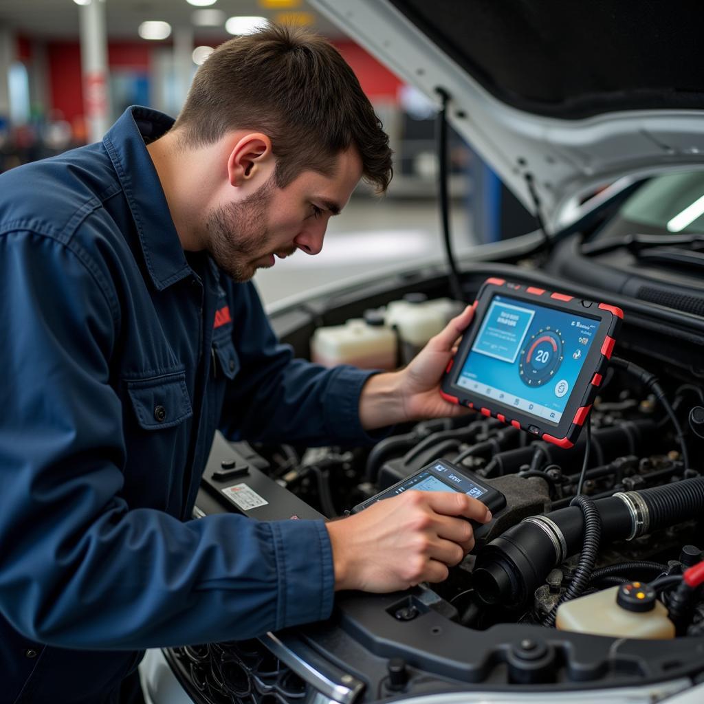 Mechaniker arbeitet mit Diagnosegerät