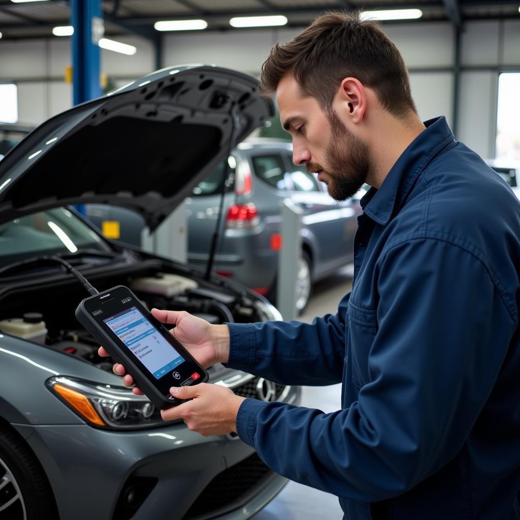 Mechaniker verwendet Diagnosegerät in der Werkstatt