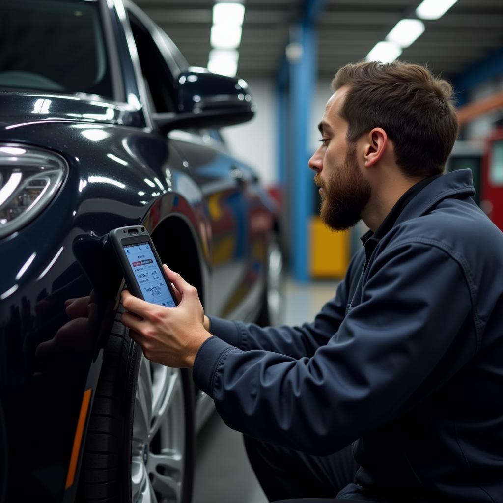 Ein Mechaniker verwendet ein STADAC-Diagnosegerät an einem BMW.