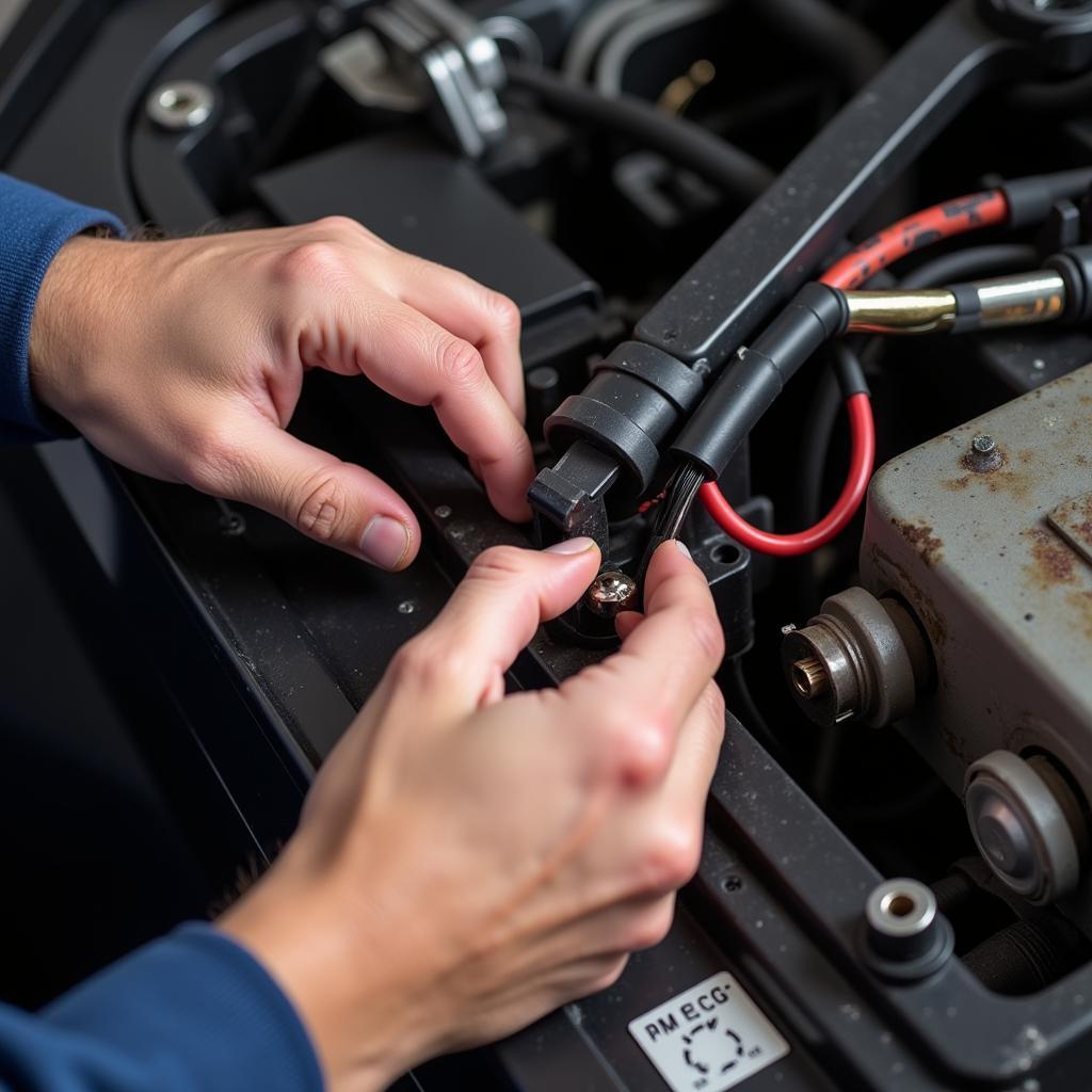 Mechaniker überprüft die Verkabelung eines Fahrzeugs.