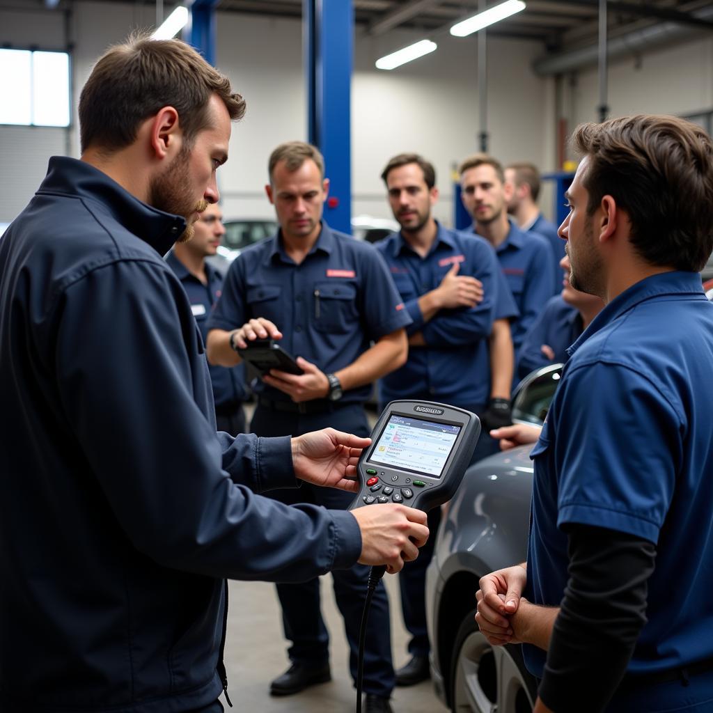 Mechaniker in einer Schulung für Diagnosegeräte