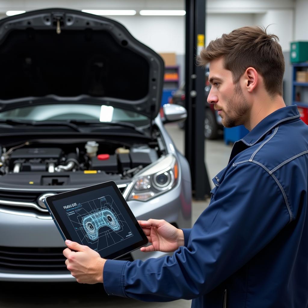 Mechaniker mit Tablet bei der Autoreparatur