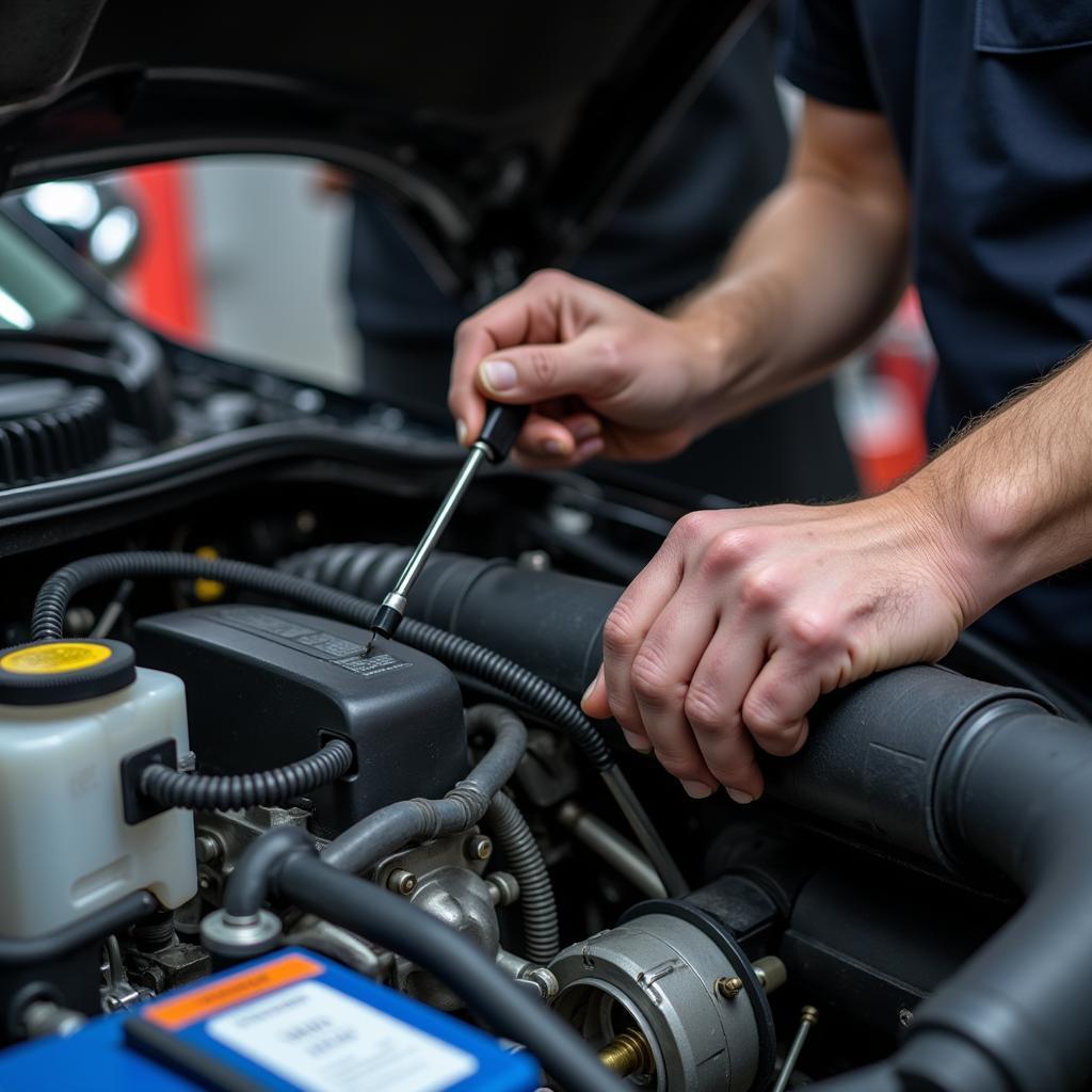 Mechaniker prüft mechanische Komponenten im Motorraum