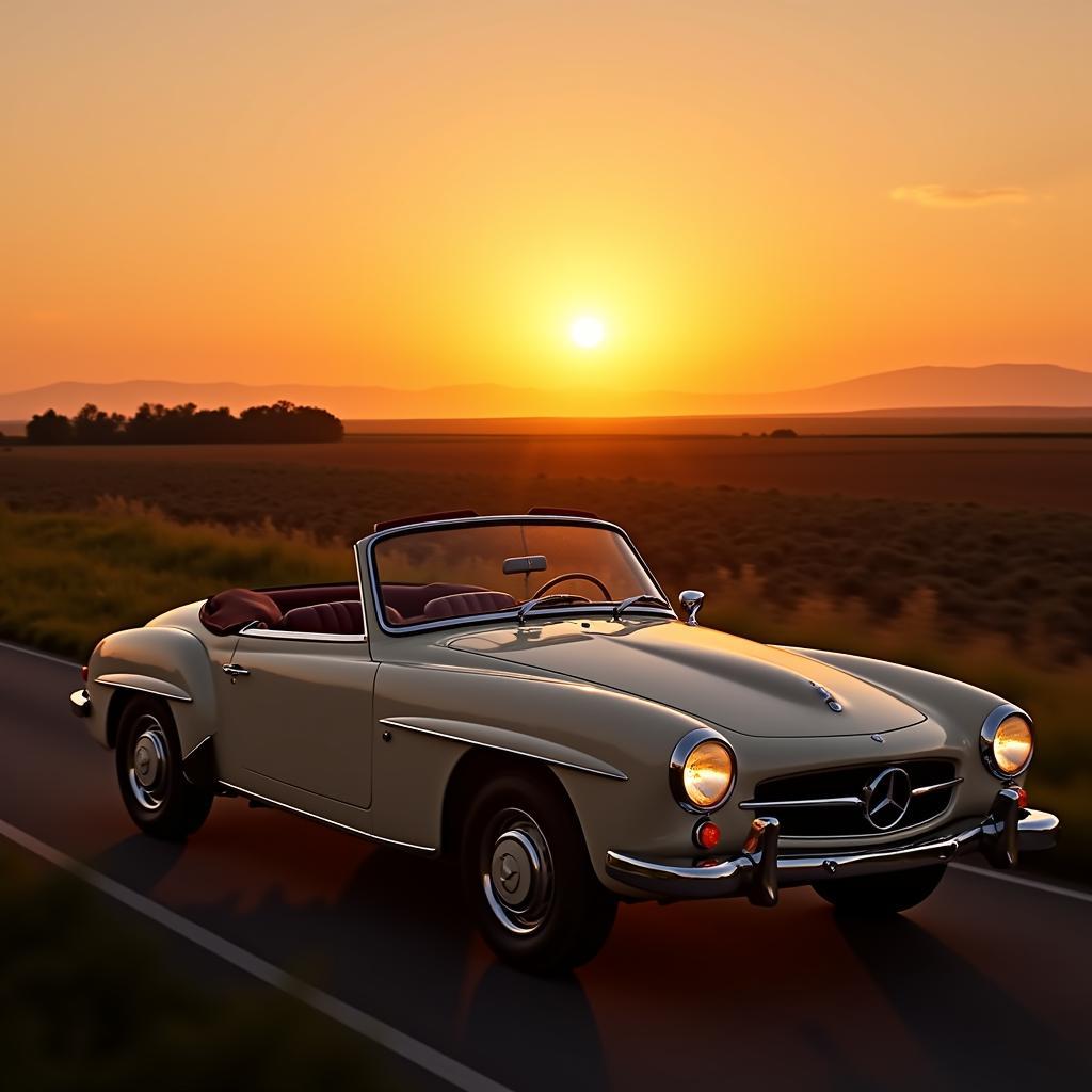 Mercedes 107 Cabrio im Sonnenuntergang