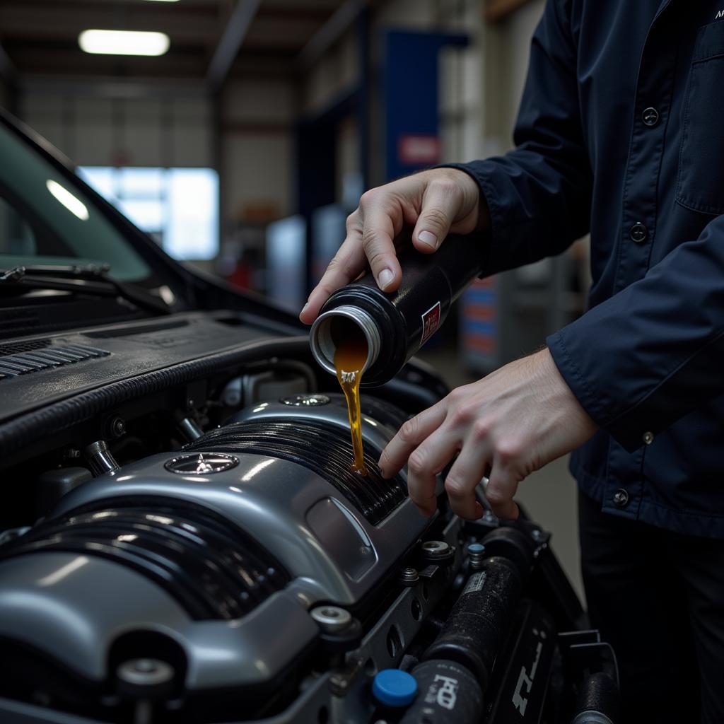 Ein Mechaniker wechselt das Öl in einem Mercedes-Benz Motor.