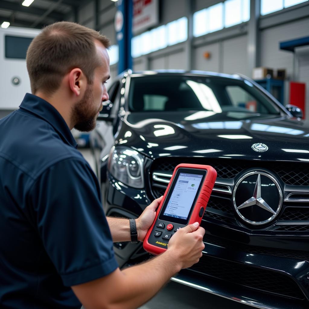 Techniker führt eine Fahrzeugdiagnose an einem Mercedes in Bad Endorf durch.