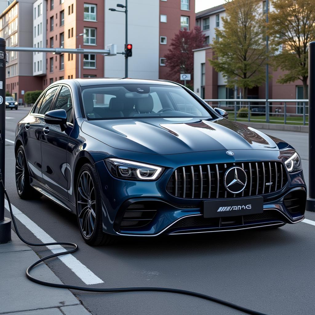 Der Mercedes EQS 53 AMG wird an einer Ladestation aufgeladen, bereit für die nächste Fahrt.