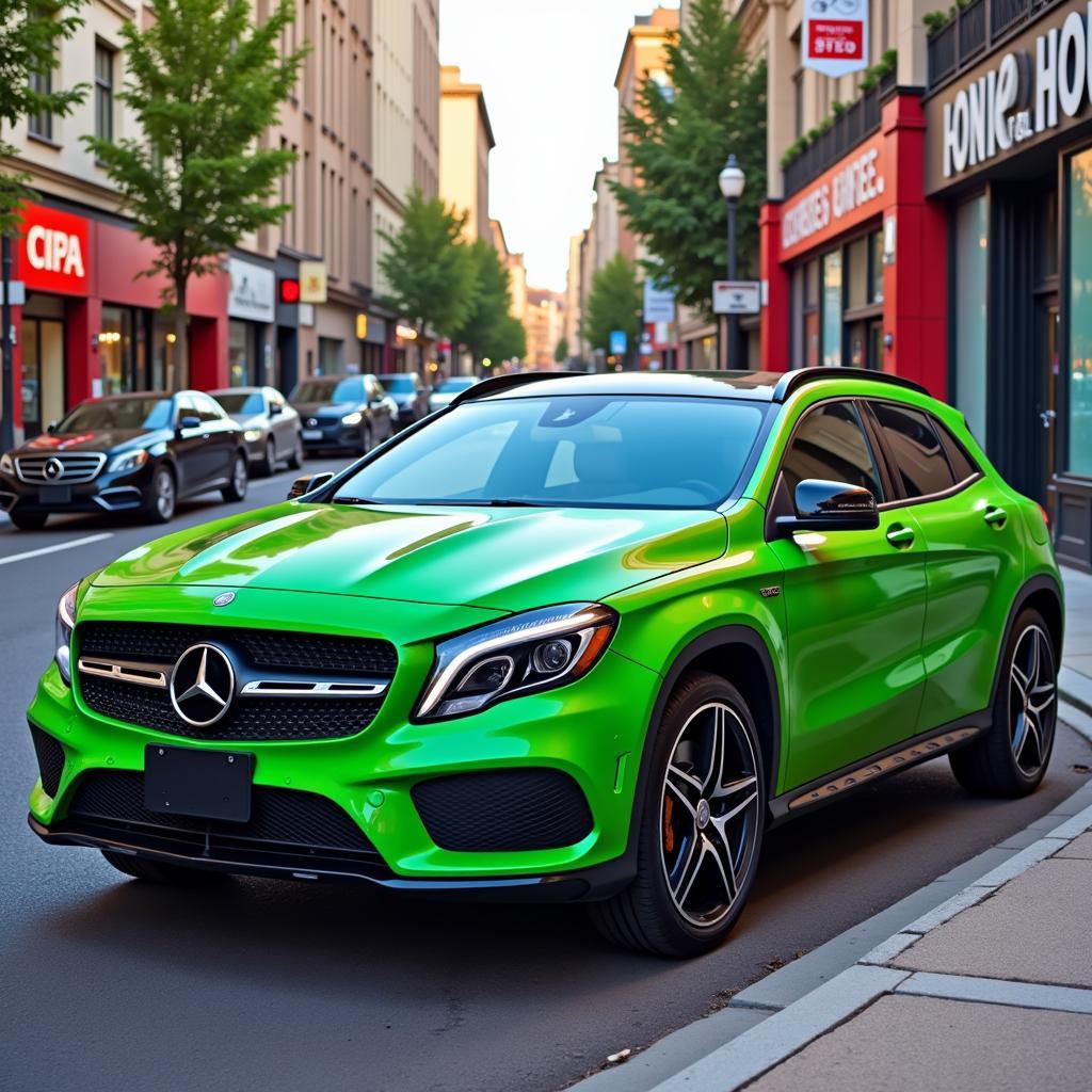 Mercedes GLA in grüner Farbe in einer städtischen Umgebung.