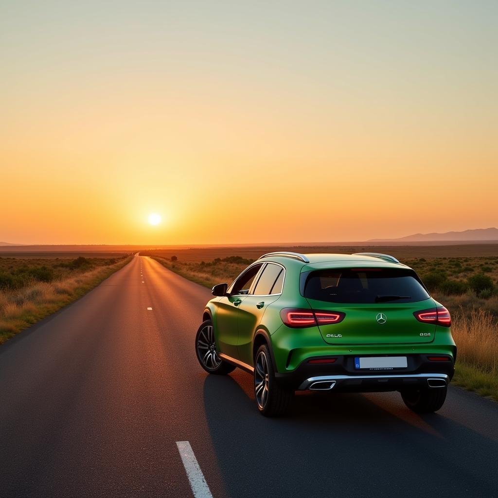 Mercedes GLA in grüner Farbe, fährt auf einer Straße in Richtung Sonnenuntergang.