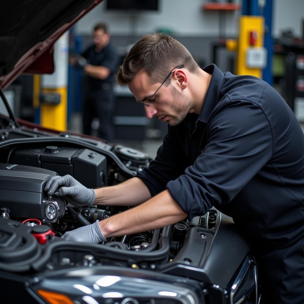 Mercedes Reparatur in Eppingen: Ein Mechaniker führt Reparaturarbeiten an einem Mercedes-Motor durch.