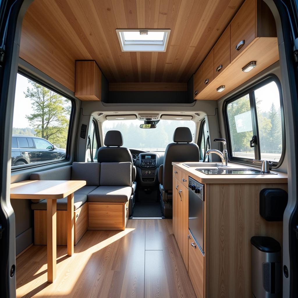 Innenausbau eines Mercedes Sprinter Wohnmobils:  Moderne Küche, gemütliche Sitzecke und ein komfortables Bett.