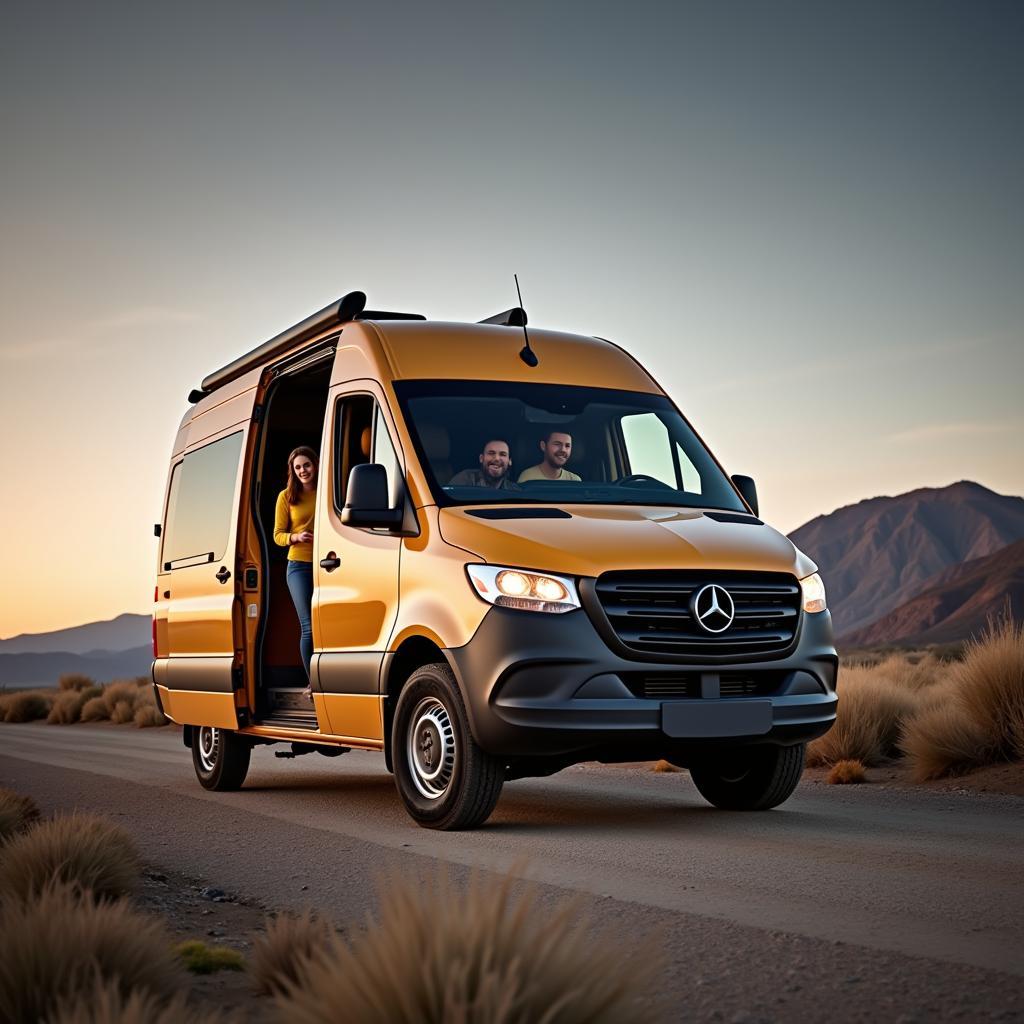 Probefahrt mit einem Mercedes Sprinter Wohnmobil: Ein Paar testet den Campervan auf der Straße.