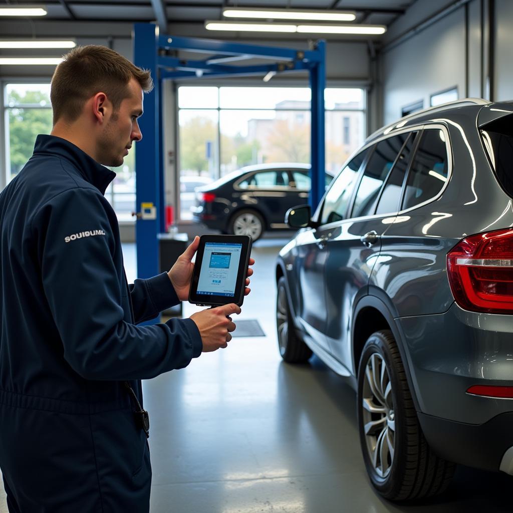 Moderne Autowerkstatt mit Diagnosegeräten