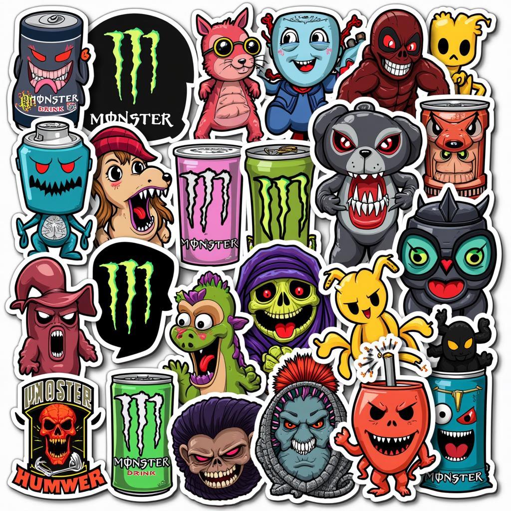 Monster Drink Sticker Kollektion: Eine beeindruckende Sammlung verschiedener Sticker, die die Vielfalt der Designs und Motive zeigt.