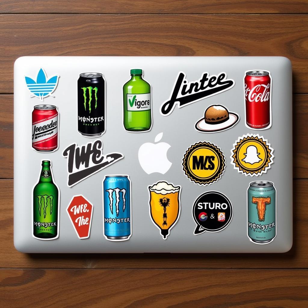 Monster Drink Sticker auf Laptop: Ein Laptop, der mit verschiedenen Monster Drink Stickern verziert ist, zeigt, wie die Sticker zur Personalisierung und zum Ausdruck des individuellen Stils verwendet werden können.