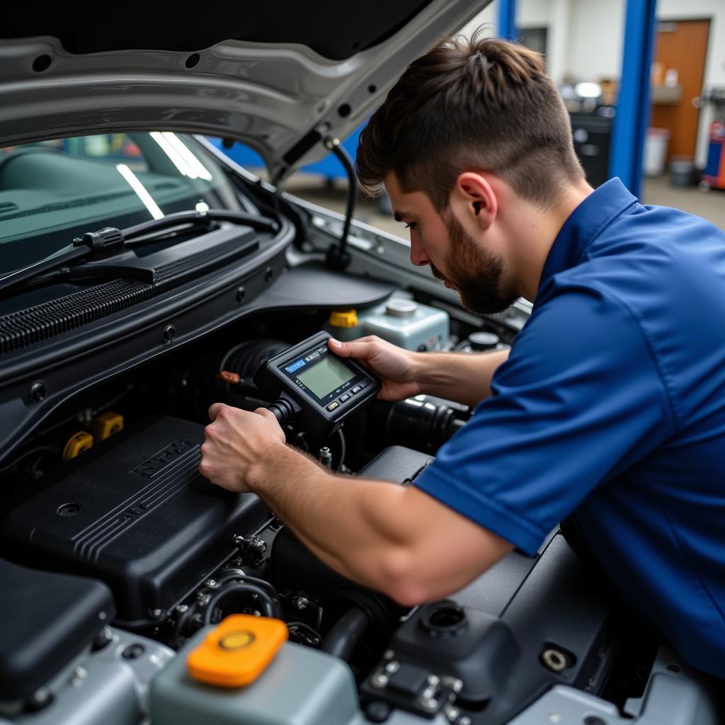 Mechaniker inspiziert den Motor eines Autos