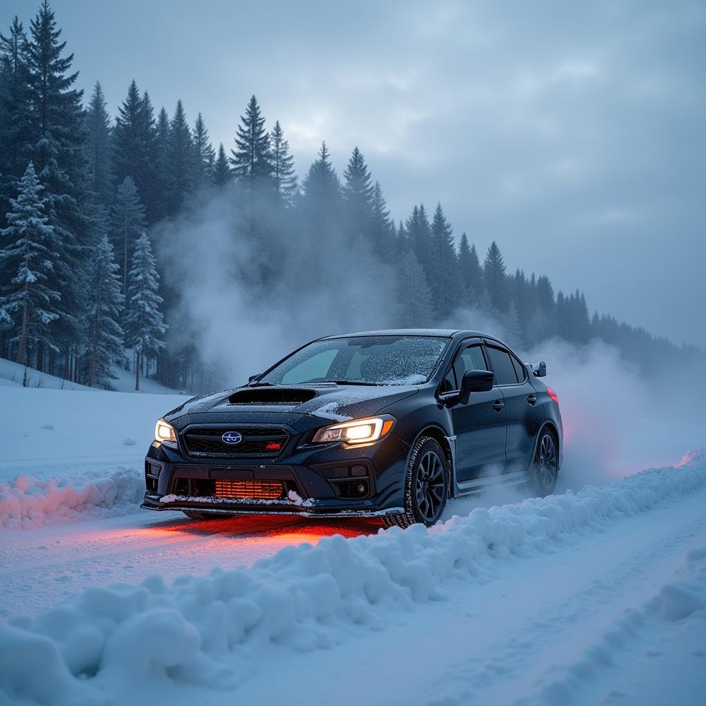 Auto mit laufendem Motor im Schnee.