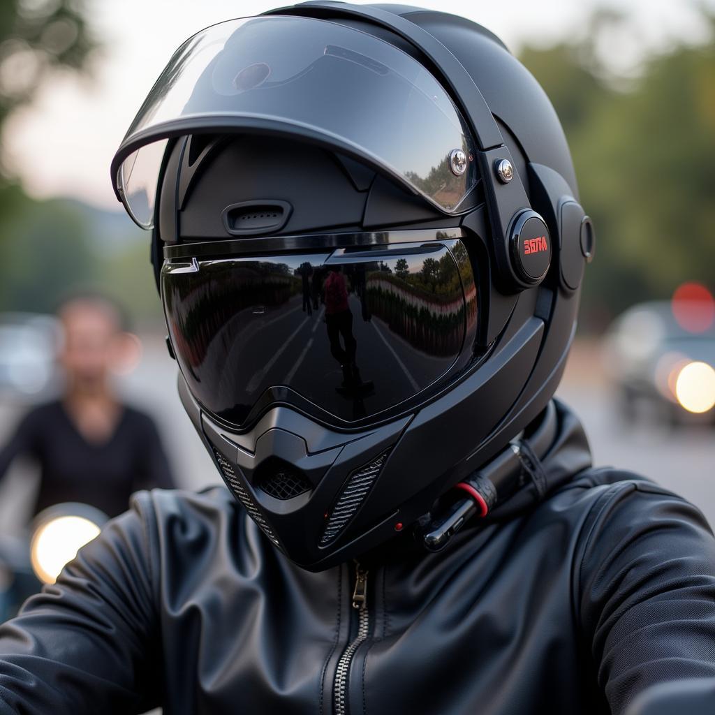 Motorradfahrer mit Helm und Kopfhörern