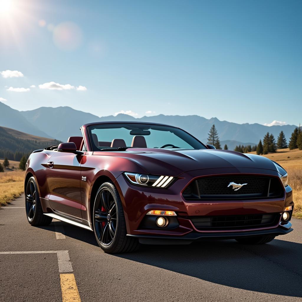 Ein Ford Mustang Cabrio mit geöffnetem Verdeck fährt an einem sonnigen Tag.