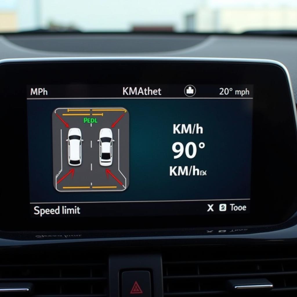 Navigationssystem mit angezeigter Geschwindigkeitsbegrenzung in mph und der entsprechenden km/h-Angabe