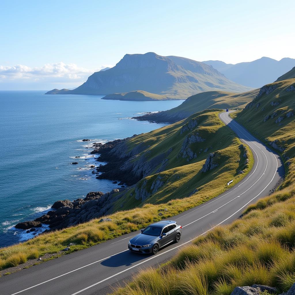 Nordkap Schweden Landschaft: Atemberaubende Landschaft mit Blick auf das Meer und die felsige Küste. Ein Auto fährt auf der Straße entlang der Küste.