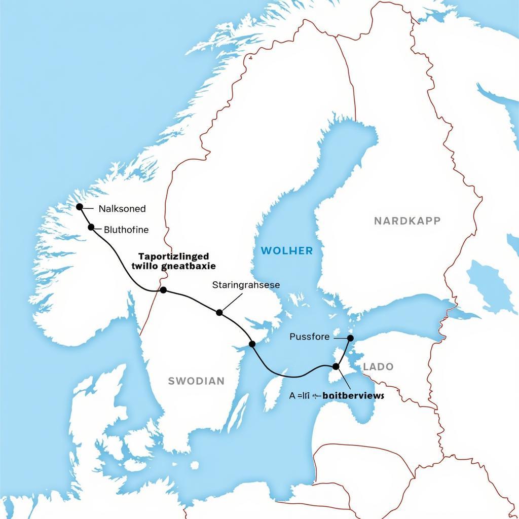 Karte der Nordkap-Route durch Schweden mit markierten Sehenswürdigkeiten und möglichen Zwischenstopps.