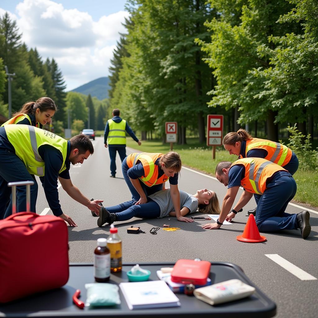 Sicherung einer Unfallstelle im Nothelferkurs Ochsenhausen