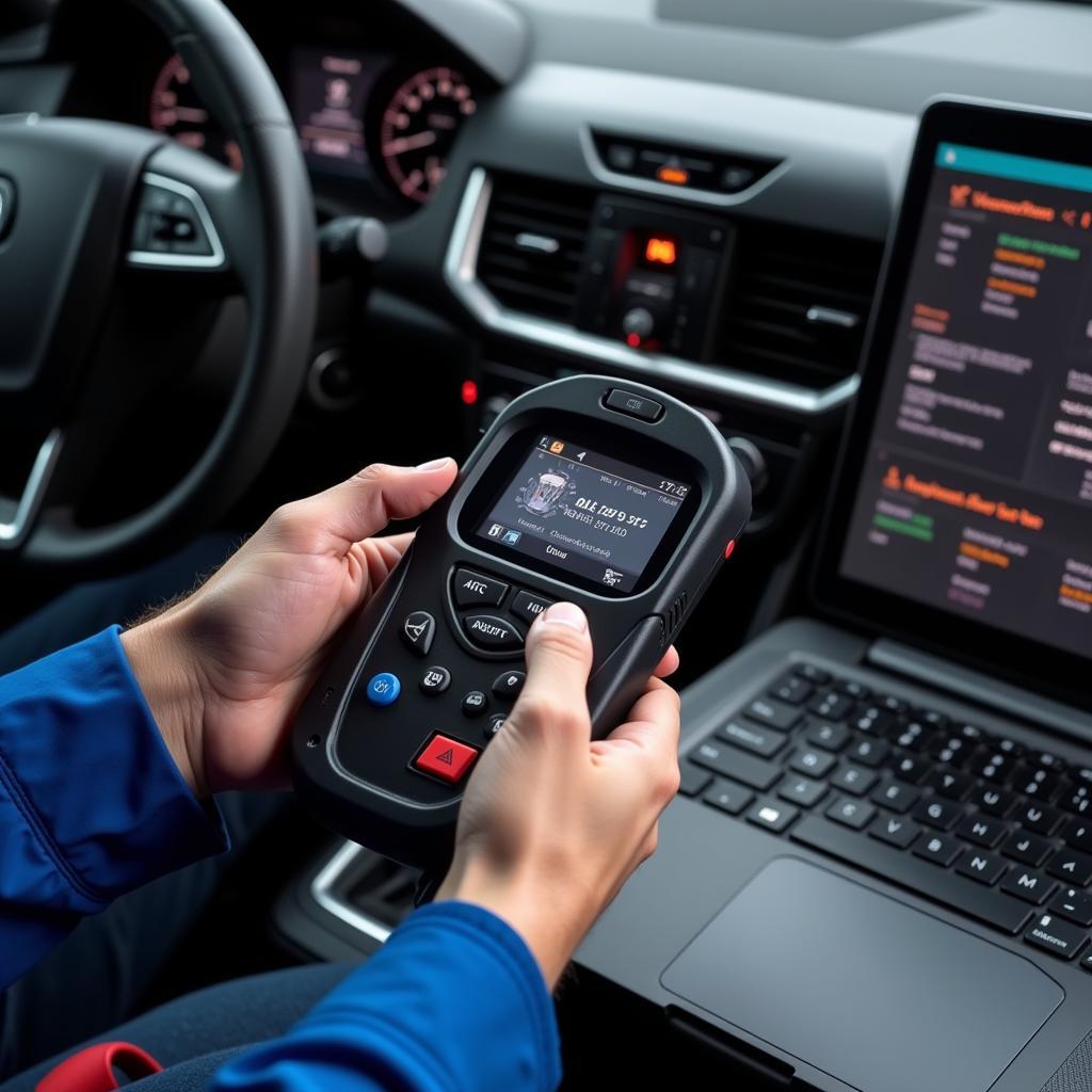 Mechaniker verwendet OBD-Scanner zur Fahrzeugdiagnose