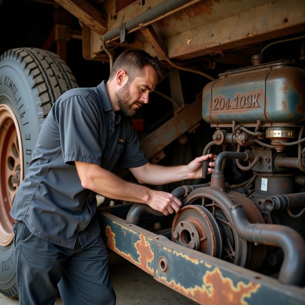 Inspektion eines Oldtimer Wohnmobils