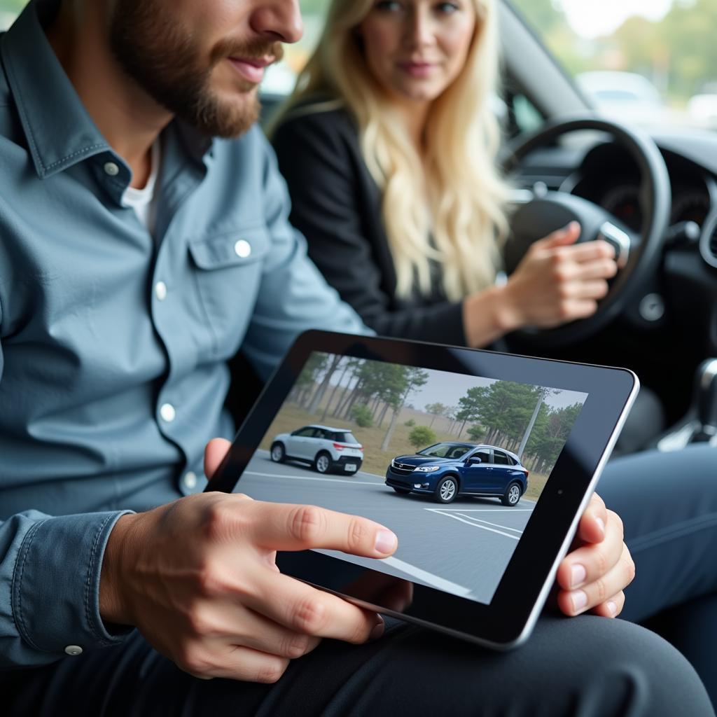 Online-Direkt-Autohandel Plattform: Ein Mann betrachtet Autoangebote auf seinem Tablet.