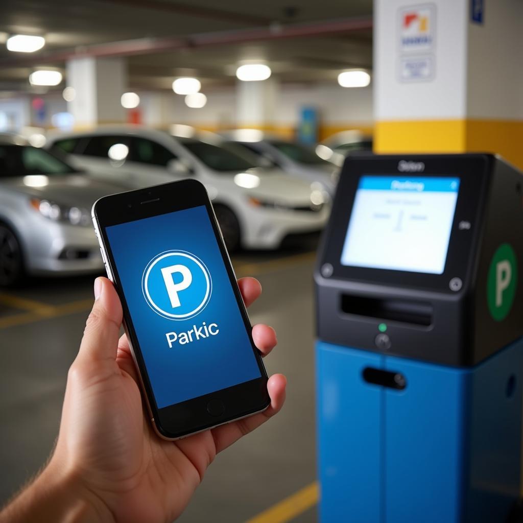 Parkhaus Bezahlmöglichkeiten:  Eine Hand hält ein Smartphone mit einer Park-App vor einen Automaten im Parkhaus.