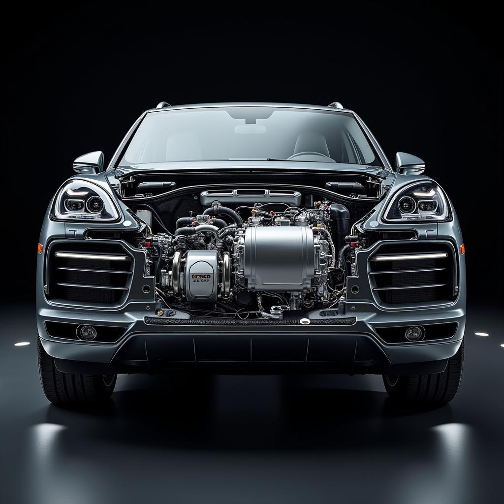 Detailansicht des Elektromotors im Porsche Cayenne Elektro