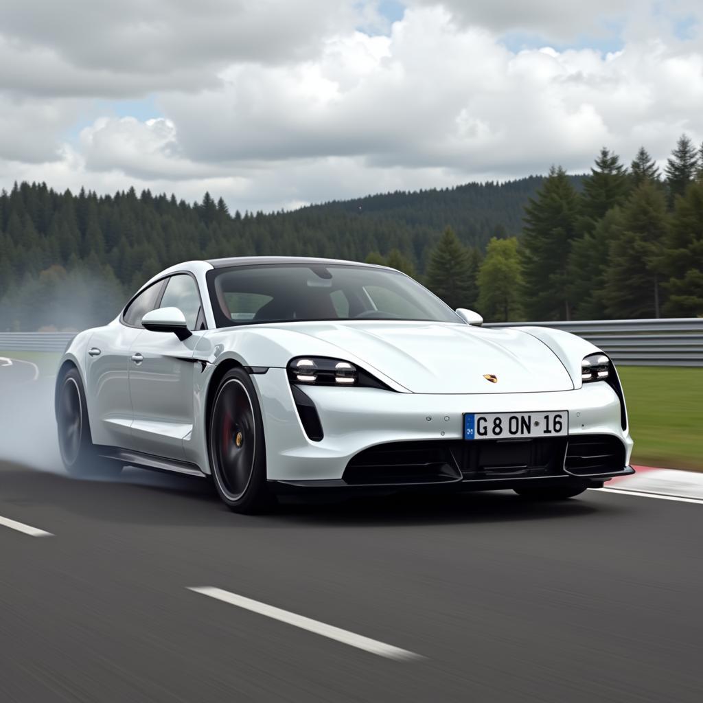 Porsche Taycan Turbo GT Weissach beschleunigt auf der Rennstrecke