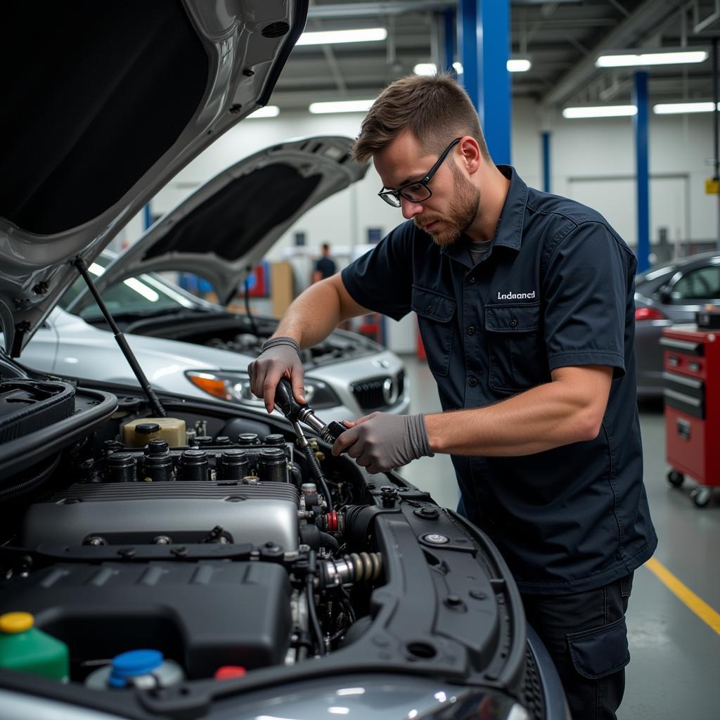 Professionelle Autoreparatur bei Britt: Ein Mechaniker arbeitet an einem Motor.