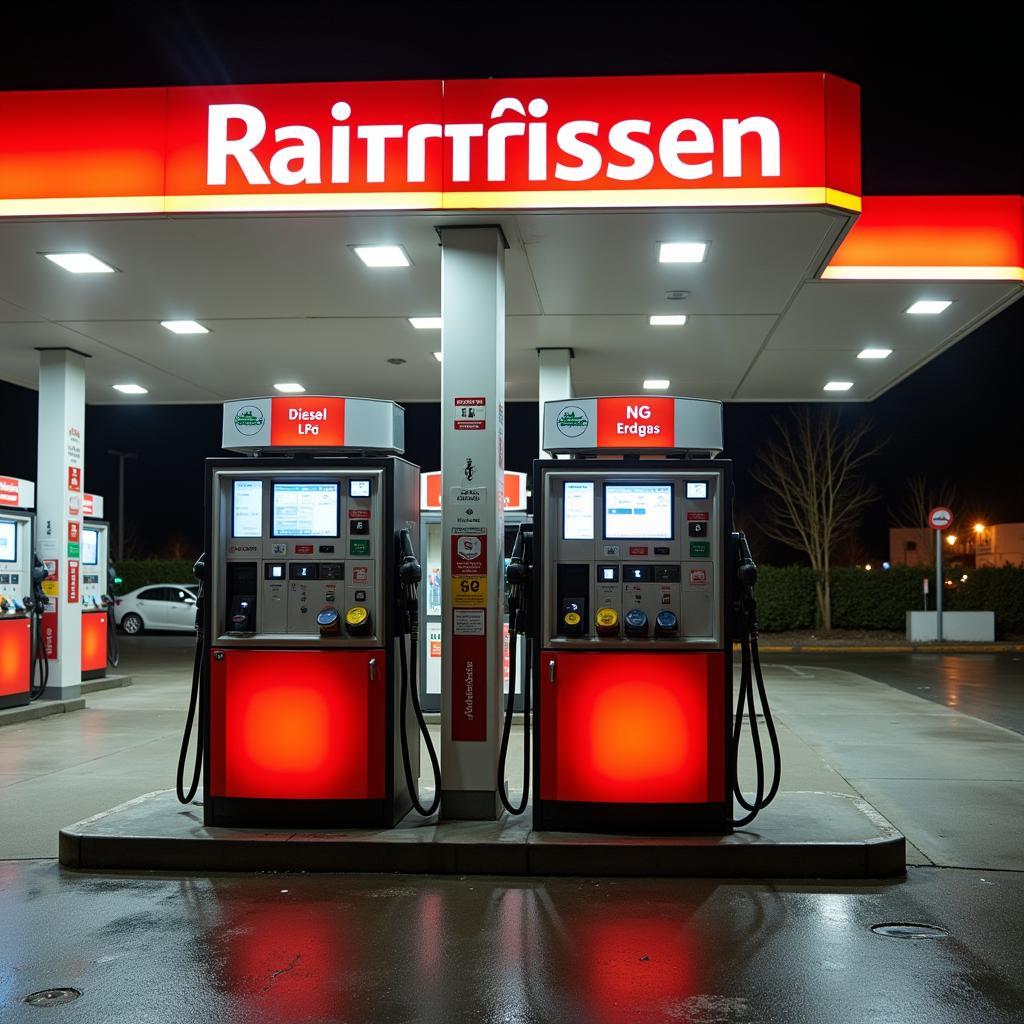 Raiffeisen Tankstelle mit Zapfsäulen für Benzin, Diesel, Autogas und Erdgas