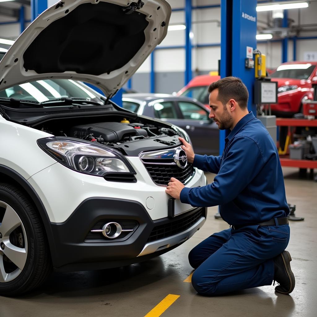 Regelmäßige Inspektion eines Opel Mokka in der Werkstatt