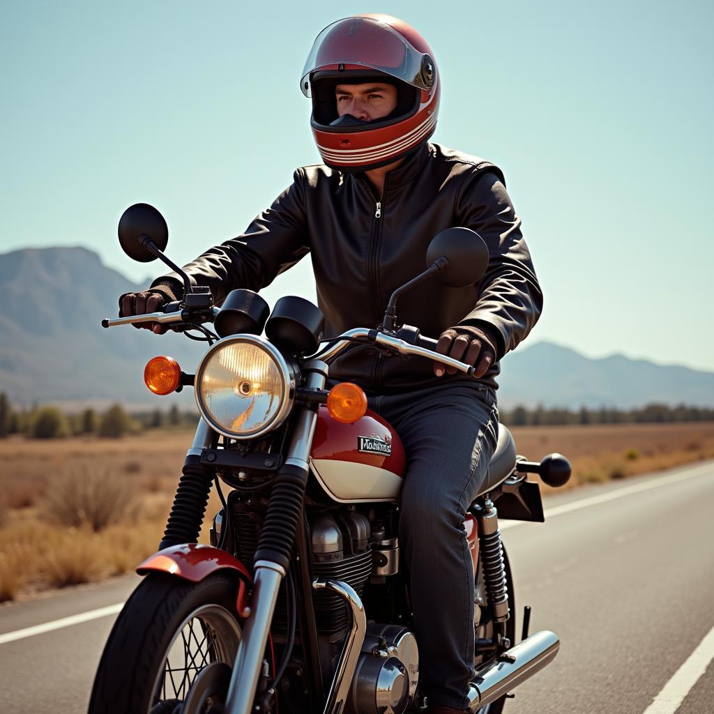 Retro Motorradhelm auf einem Motorrad der 80er