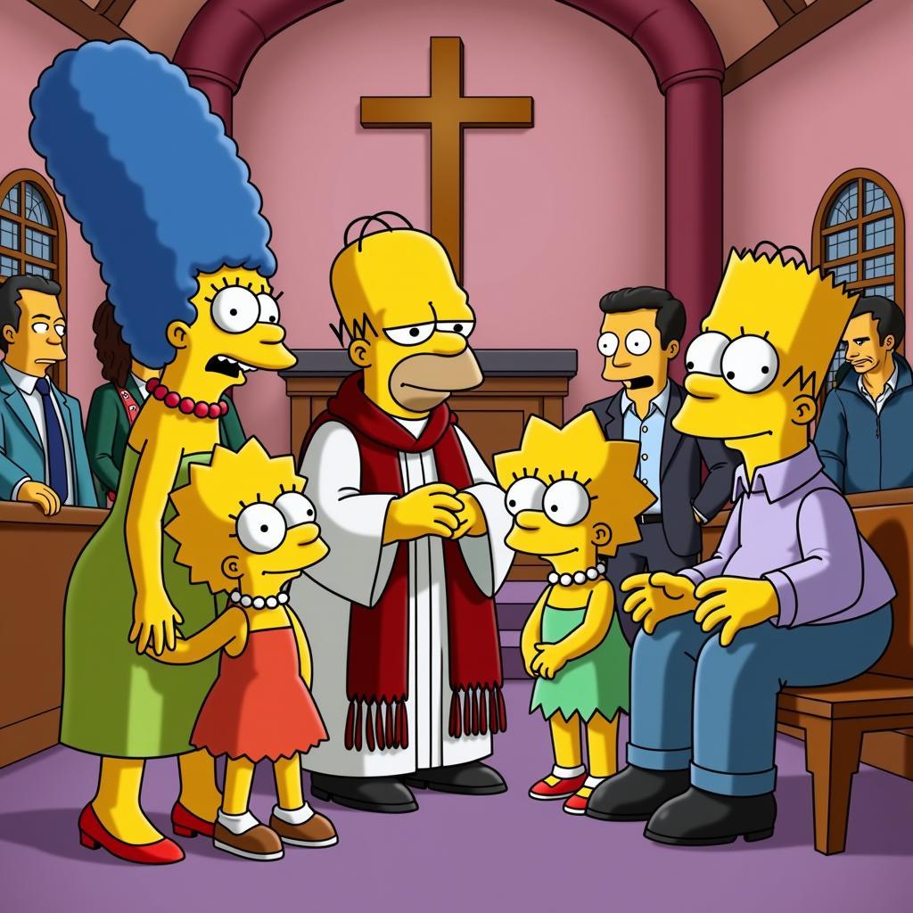 Reverend Lovejoy mit der Simpsons Familie