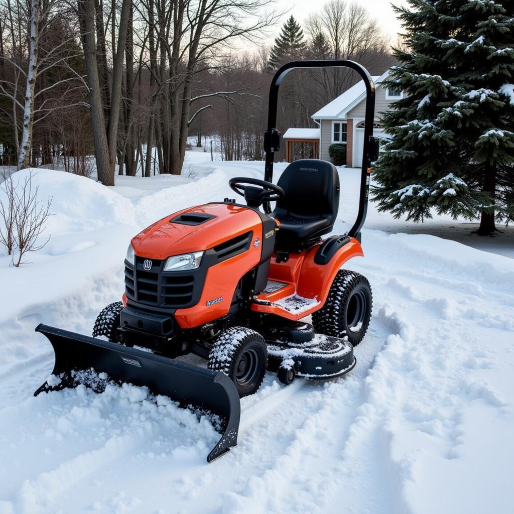 Schneeschild im Einsatz am Husqvarna Rasentraktor