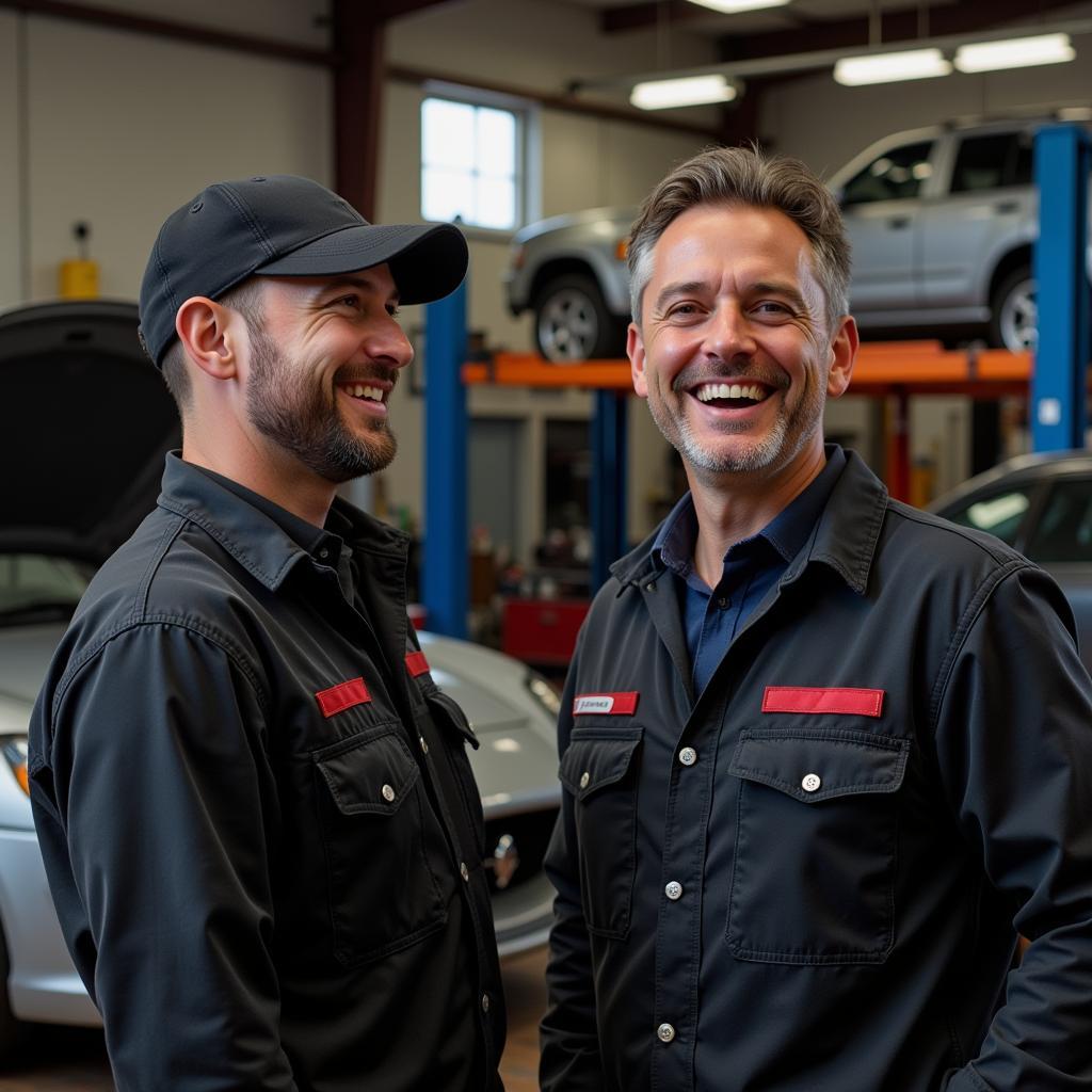 Mechaniker lachen in der Werkstatt