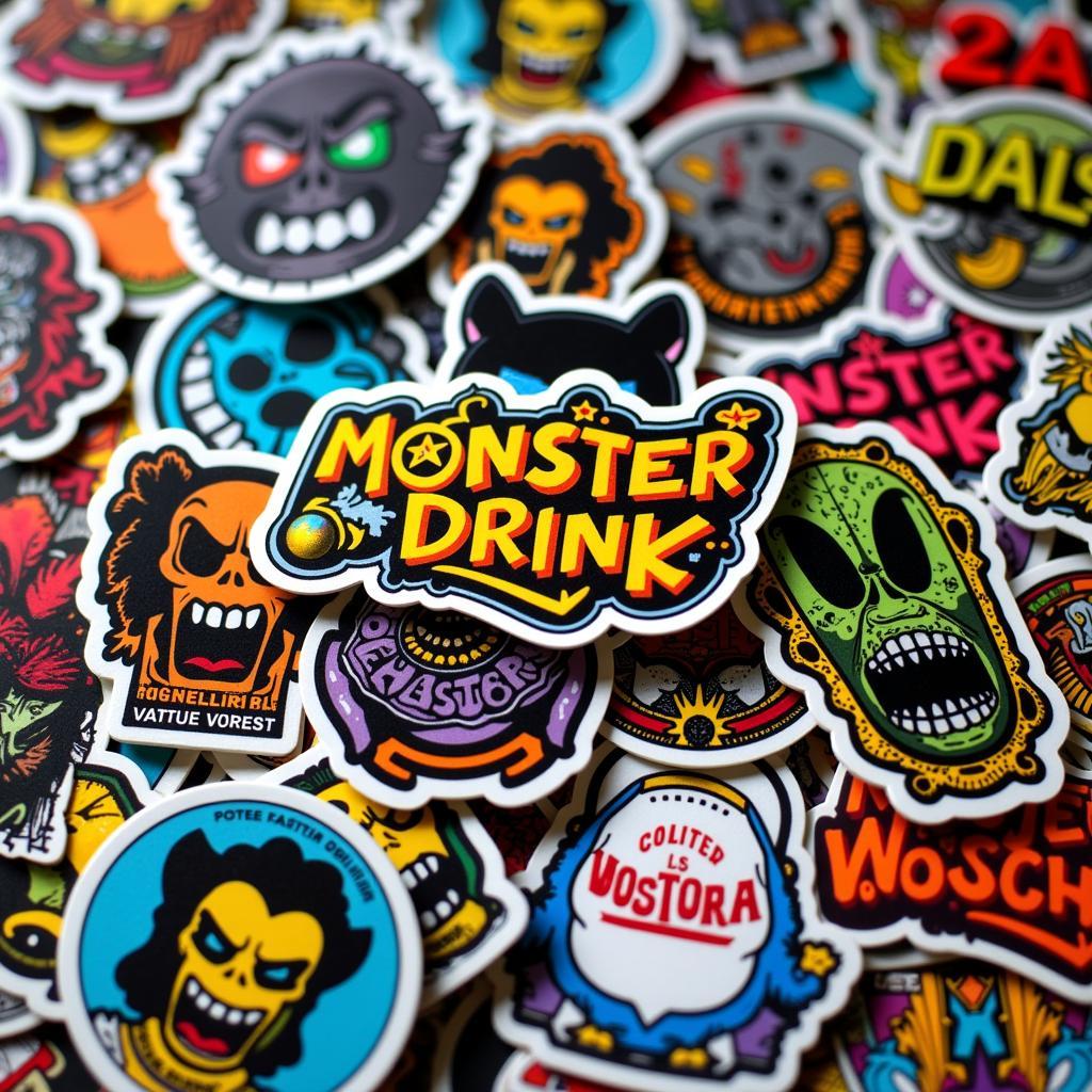 Seltene Monster Drink Sticker:  Nahaufnahme von einigen der seltensten und begehrtesten Monster Drink Stickern, die die Details und die Qualität der Designs hervorheben.